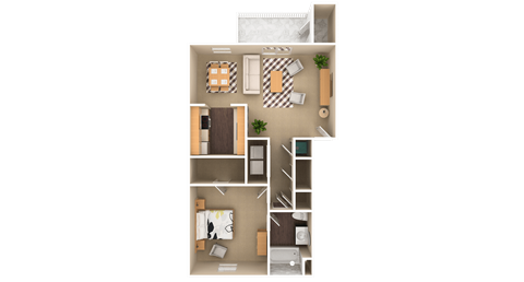 Floor plan for 1 bed, 1 bath, 744 sqft